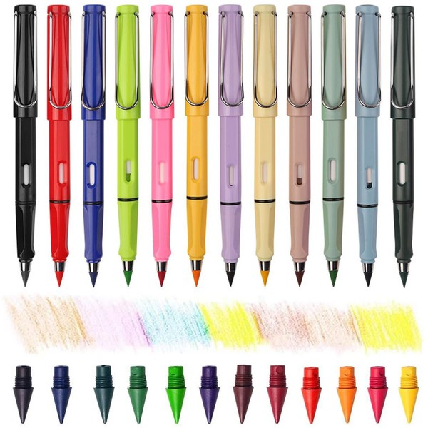 AOEVUIR Colourful Eternal Pencils with 12 Interchangeable Heads, Inkless Pencil