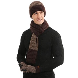 GFM® Men's Winter Warm Three-Piece Knitted Hat Scarf Glove Set -Coffee-(EXC)(TPS-Y01-CFKEK)