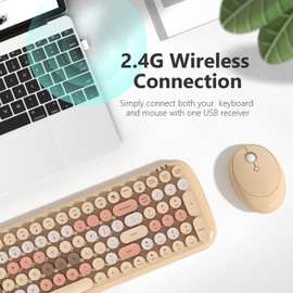 Wireless Keyboard and Mouse Combo, MOWUX - Modern Compact Layout, Colorful Compact Candy Mouse and Retro Round Keyboard Set with Cover, for PC/Laptop/Windows/Mac - Milk-Tea Colorful