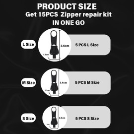 Pack of 15 Zip Repair Set, 3 Models Zip Slider Replacement Universal Removable Zip for Backpack, Jackets, Tent, Jeans, Purses