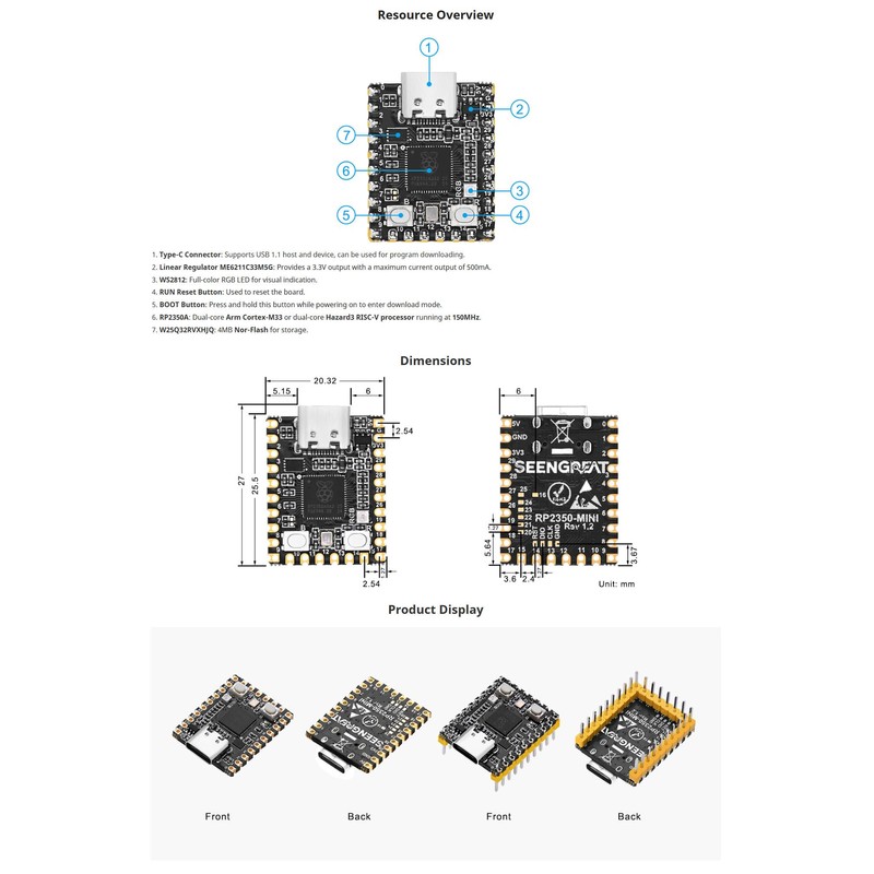 RP2350-MINI Development Board with Pi RP2350A Dual-Core Dual-Architecture Microcontroller, Compact