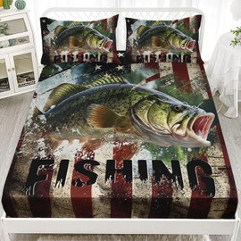 AILONEN Big Pike Fishing Fitted Sheet Queen Size, Bass Fish American Flag Pattern Bedding Set for Boys Teen,Hunting and Fishing,3 Pieces,Soft Breathable Fitted Sheet and 2 Pillowcases