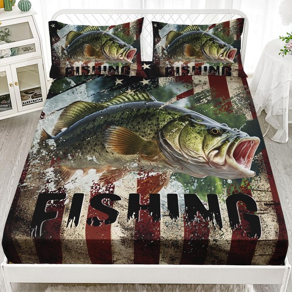 AILONEN Big Pike Fishing Fitted Sheet Queen Size, Bass Fish
