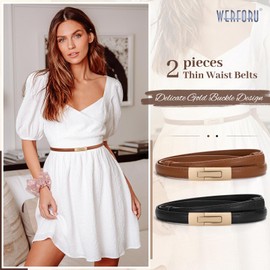WERFORU Women's Skinny Leather Belt Adjustable Thin Waist Belt Decorative Belt for Dresses Jeans Coat with Gold Twist Buckle, B-Black+Brown
