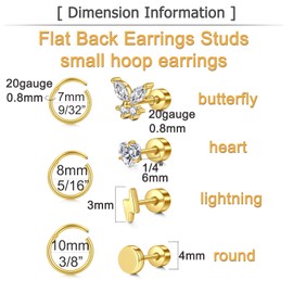 MODRSA Flat Back Earrings Gold Cartilage Earring Flat Back Stud Earrings Flatback Stud Earrings 20 Gauge Cartilage Earrings Screw Back Earring Sets for Multiple Piercing Helix Tragus Cartilage Hoops