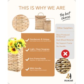 AceList Woven Hanging Basket for Front Door Set of 2, Handmade Water Hyacinth Hanging Wall Basket, Natural Wicker Storage Bins with Handles, Decorative Boho Organizer for Home Farmhouse Decor