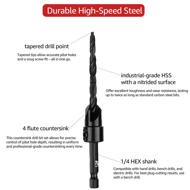15 Piece Countersink Drill Bit Set for Woodworking, Tapered Drill
