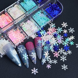 12 Grids 3D Snowflake Nail Art Stickers Holographic Laser Snowflake Nail Decals Christmas Nail Glitter Sequins Xmas White Snowflake Glitter for Nails Art Decoration Winter Snow Nail Glitter Flakes