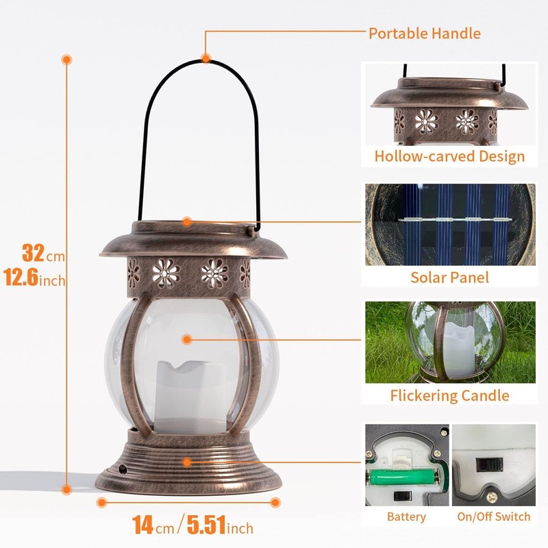 Brass Color Courtyard Solar Powered Hanging Lantern Light IP44 Waterproof