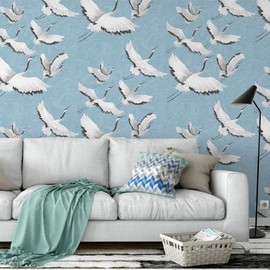 Peel and Stick Wallpaper for Home Decoration Kitchen White Crane Blue Wallpaper Removable Vinyl Self Adhesive Shelf Paper & Drawer Liner Roll House, Workshop & Office 17.3" x 118" TH8096-3