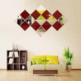 Betinyar 15 Pieces Removable Square Acrylic Mirror Wall Decor, Self-Adhesive Mirror Wall Sticker Decal, Non-Glass Mirror Stickers for Home Living Room Bedroom Decor (red,Silver)