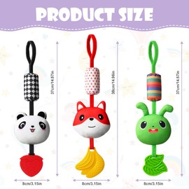 Aolso Pram Toy, 3 Pieces Hanging Rattle Toy, Toy with Colour Contrast, Baby Hanging Toy, Newborn Car Seat Toy for Boys and Girls (Panda/Fox/Greenworm)
