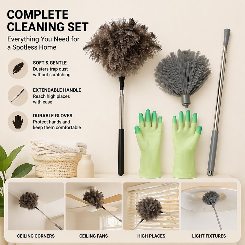 Home Cleaning Bundle - Feather Duster - Corner Brush -
