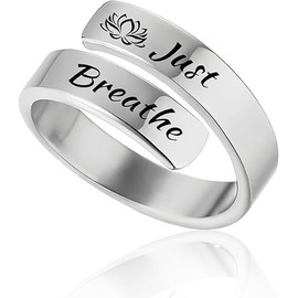 Just Breathe Ring For Women Adjustable Heart Ring Stainless Steel Spiral Wrap Twist Vintage Healing Ring Used to relieve anxiety Twist Inspirational Friendship Gift Jewelry (Silver Lotus flower)