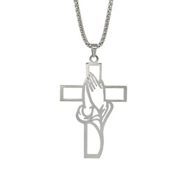 DecoTxM Stainless Steel Praying Hands Cross Necklace for Men Women, Serenity Prayer Pendant 27" Box Chain Christian Jewelry