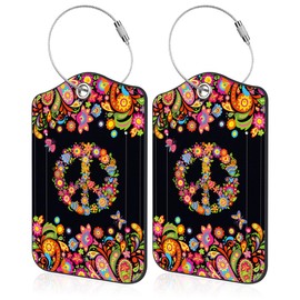 Set of 2 Luggage Tags for Suitcase Colorful Floral and Peace Symbol PU Leather Travel Baggage Tag with Stainless Steel Loop for Men Women Travel Bag Suitcase with Name ID Label Set Full Privacy Cover
