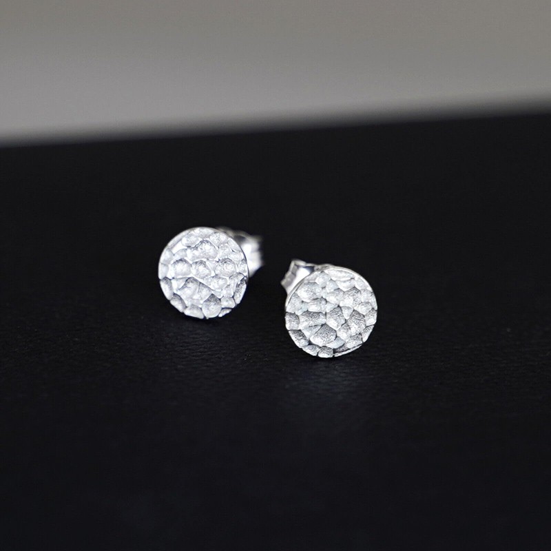 Sterling Silver Solid 10mm Hammered Round Circle Disc Dot Stud