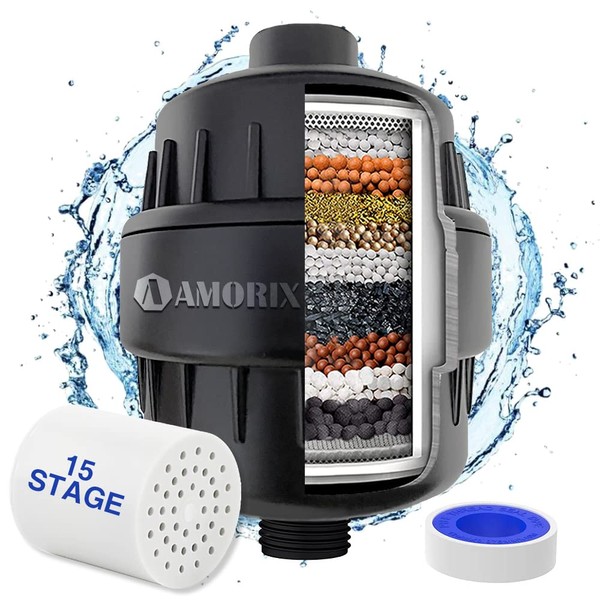 Shower Filter, 15 Stage Shower Head Filter for Hard Water High Output Showerhead Filter Black Shower Water Filter Reduce Chlorine, Dry Skin, Itchy Scalp - Shower Water Softener Improves Skin Condition