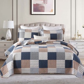 Finlonte Quilt King Size - 100% Cotton King Size Comforter Set Navy Brown White Plaid Farmhouse Quilt Bedding Set, Reversible Lightweight Soft Bedspread, Quilted Coverlet All-Season, 3-Piece