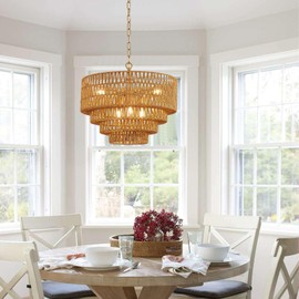 YOMECOO Hand-Woven Rattan Chandelier Vintage 6-Light Farmhouse Boho Bamboo Chandelier Light Fixture Retro Drum Wicker Rattan Golden Chandelier for Dining Room, Kitchen, E12