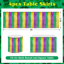 timecity 4 Packs Mardi Gras Table Skirts Metallic Foil Fringe Curtain Tinsel Table Skirt Streamer Backdrop for Mardi Gras Carnival St Patrick Party Decorations, 29.5x108 Inch