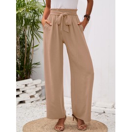Heymoments Women's Wide Leg Lounge Pants with Pockets Khaki Small Lightweight High Waisted Adjustable Tie Knot Loose Comfy Casual Trousers