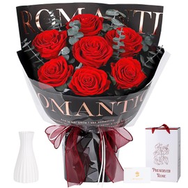 Preserved Flowers Bouquet 7 Roses - Red Real Rose & Flowers for Delivery, Long-Lasting Flower with Gift Box, Eternal Roses Bouquet for Mothers, Mom, Wife, Anniversary Birthday Gifts for Women, Black