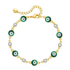 LSxAB Green Evil Eye Bracelet for Women Clear Cubic Zirconia Lucky Charm Gold Protection Adjustable Beaded Teal Green Birthday Anniversary