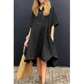 chouyatou Women's Summer Casual Linen Beach Tunic Dress Loose High Low Midi Long Polo T Shirt Dress (X-Large, Black)