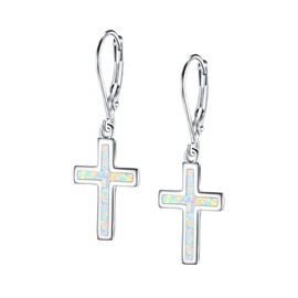 EVER FAITH Cross Earrings 925 Sterling Silver Created White Opal Dangle Leverback Earring Minimalist Church Jewelry for Women Iridescent AB Silver-Tone