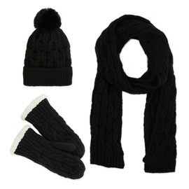 Hadley Wren Women's Winter Knit Beanie, Scarf & Mittens 3 Piece Set, Ultra-Soft Lining for Warmth and Comfort, Black