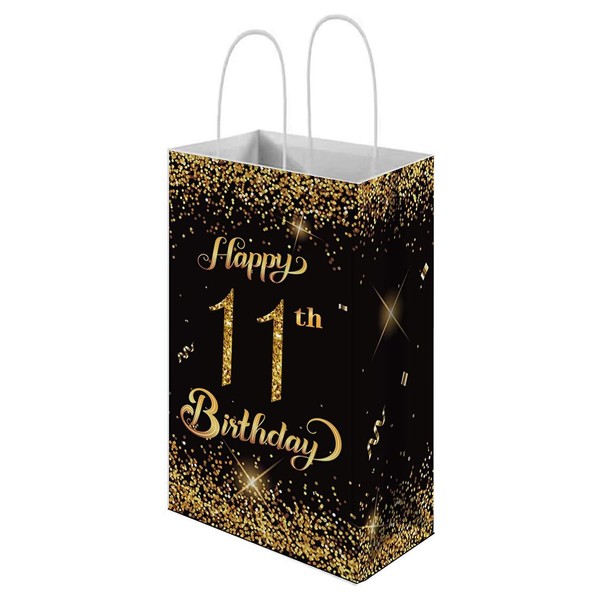 Happy 11th Birthday Gift Bags With Handle, 12-Pack Gold And Black 11 Years Party Favor Bags for Guests, Paper Treat Bag, Present Wrap, Decorations