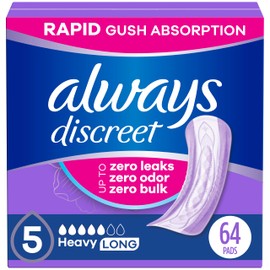Always Discreet Adult Incontinence Pads for Women, Drier, 5 Drop Long Length, Heavy Absorbency, Pads for Bladder Control Management, Bladder Leaks, & Postpartum Pads, 64ct