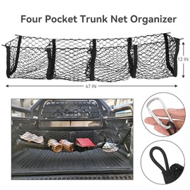 Gluebar Four-Pocket Cargo Net, 120 cm x 30 cm Expandable Car Storage Net for Truck Bed and Car Interior, with 4 Metal Buckles, 4 Screws, 4 Mounts(Quadruple-Barrier Mesh)