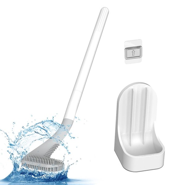 Toilet Brush, Long Handle Golf Toilet Brush with Holder 360° Deep Cleaning Flexible Silicone Toilet Cleaner Brush Wall Mounted for Bathroom (White)