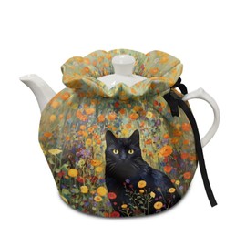 Xoenoiee Black Cat Floral Print Tea Pot Cosy Cotton Tea Cozy for Teapots Dust Cover Insulated Kettle Cover Teapot Warmer for Home Kitchen Decorative Accessories, CZA18