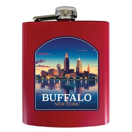 R and R Imports Buffalo New York Downtown Twilight Design Souvenir 7 oz Steel Flask Matte Finish Red 2-Pack