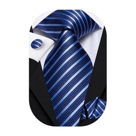 Hi-Tie Men Ties Wedding Formal Tie Sets Handkerchief Cufflinks Silk Necktie for Men,Blue Stripe