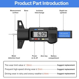 Tyre Tread Depth Gauge, 0-25.4mm/Inch Digital Tire Tread Depth Checker, Tyre Depth Measuring Tool with LCD Screen, Intuitive Reading, Clear Scale, for Cars, Motorcycles, Trucks, Black