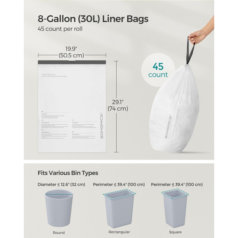 SONGMICS Trash Bags for 8-Gallon (30 L) Trash Cans, Drawstring