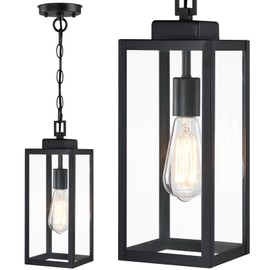 15'' Large Outdoor Pendant Light, Modern Outside Chandelier Outdoor Hanging Lantern Light, Matte Black with Clear Glass, Exterior Pendant Lighting Fixture Ceiling Mount for Porch, Gazebo, 1Pack