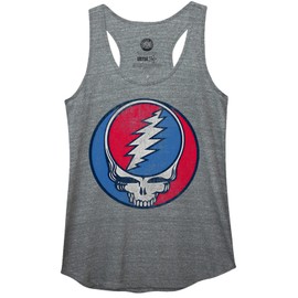 Ripple Junction Grateful Dead Women's Tank Top Steal Your Face Stealie Distressed Junior Fit Racerback Heather Grey Small
