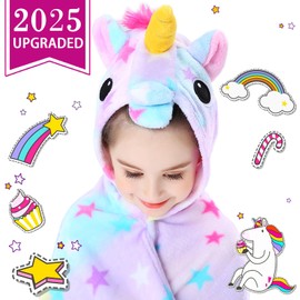Kids Bath Towel with Hood for 3-10 Years Old Girls, Unicorn Hooded Toddler Bath Poncho Towel, 40''×45'' Soft Cotton Wrap Plush Bathrobe for Beach Pool, Gifts for Girls Birthdays Christmas Holidays