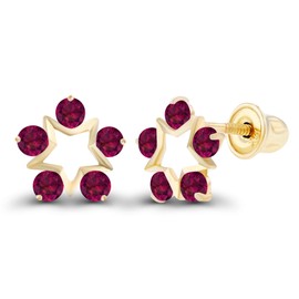 Solid 14K Yellow Gold 1.75mm Round Created Red Ruby July Birthstone Star Screwback Stud Earrings For Women | 7mm Open Star | 14K Gold Natural or Created Screwback Earrings For Women