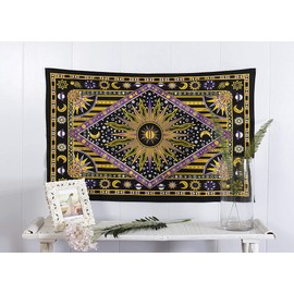 raajsee Burning Sun Yellow Tapestry Bedroom Aesthetic- Zodiac Mandala Tarot Tapestry Wall Hanging Cotton Celestial Wall Décor Burning Sun Tapestries Trippy - Boho Hippie 52x60 inch