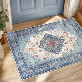 ANSSO 2×3 Washable Area Rugs, Foldable Faux Wool Low Pile Boho Vintage Entryway Rug with Non Slip Backing for Doormat, Indoor Front Entrance Kitchen, Bathroom, Earthy Navy