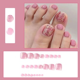 Boloshine Pack of 24 Artificial Toenails, Short, Square, Shiny Natural Press On Nails Feet, Full Coverage Toenails for Sticking, Toe Nail Tips for Women, Girls, Pink Stars