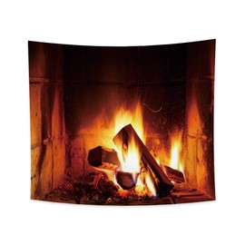 Haoyiyi 33.9x27.6 Inches Burning Fire Tapestry Christmas Wood Fireplace Bright Brick Wall Hanging Vintage Merry Elements Festival Celebrate Wall Tapestry for Living Room Decor
