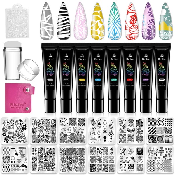 Biutee Nail Stamping Kit, 8 Colours Stamping Gel, 12 Pieces Nail Stamping Blones, DIY Nail Art Design Kit, UV Colour Gel Nails Colours UV Gel Set