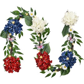 Valery Madelyn 6FT Patriotic Hydrangeas Garland with Lights for Mantle, Red White Blue Summer Floral Daisy Memorial Day Garland with Eucalyptus Leaves Butterfly for 4th of July Independence Day Decor